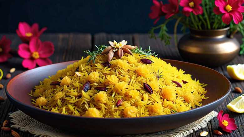 Exotic Saffron Jeera Rice with Crunchy Nuts and Aromatic Herbs